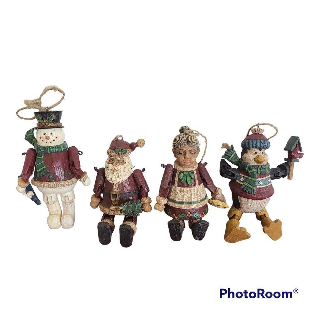 Vintage Country Christmas Jointed Resin Woodlook Ornaments Folk Art Rustic